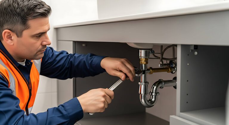 vecteezy man repairing sink plumbing with adjustable wrench 69155789 min 768x419